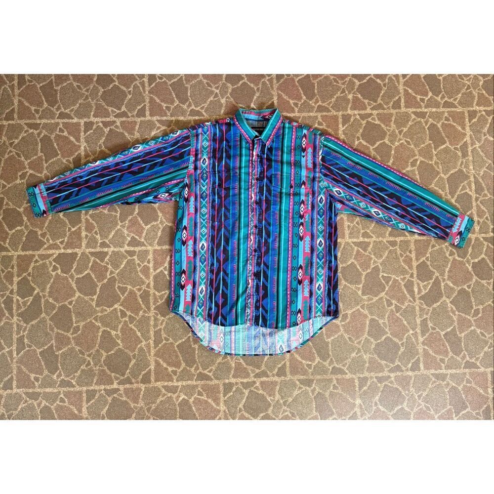Vintage 1990s Western Aztec Button Up Shirt Cowboy Rodeo Size L Wrangler Style